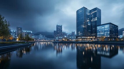 Panoramic view of a modern city at night urban landscape architectural marvels serene water reflection stunning imagery