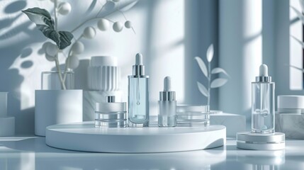 Cosmetic podium display featuring glass flask and cylinder equipment in a modern medical science lab background. 3D rendered, professional and clean