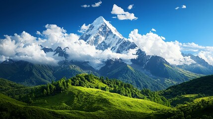 Fototapeta premium Majestic Snowcapped Mountain Peak and Lush Green Valley