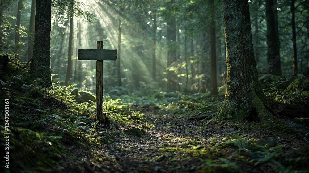 Poster sunlight streaming through peaceful forest path nature scene tranquil environment serene viewpoint b