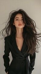 Fototapeta premium A young woman with long dark hair wearing a black jacket.