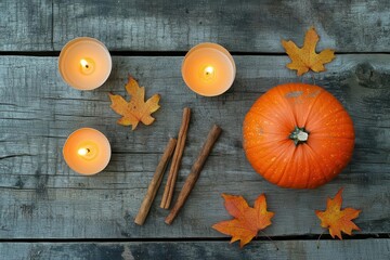 Harvest Celebration with Autumn Pumpkins and Leaves on Rustic Table for Thanksgiving Campaigns