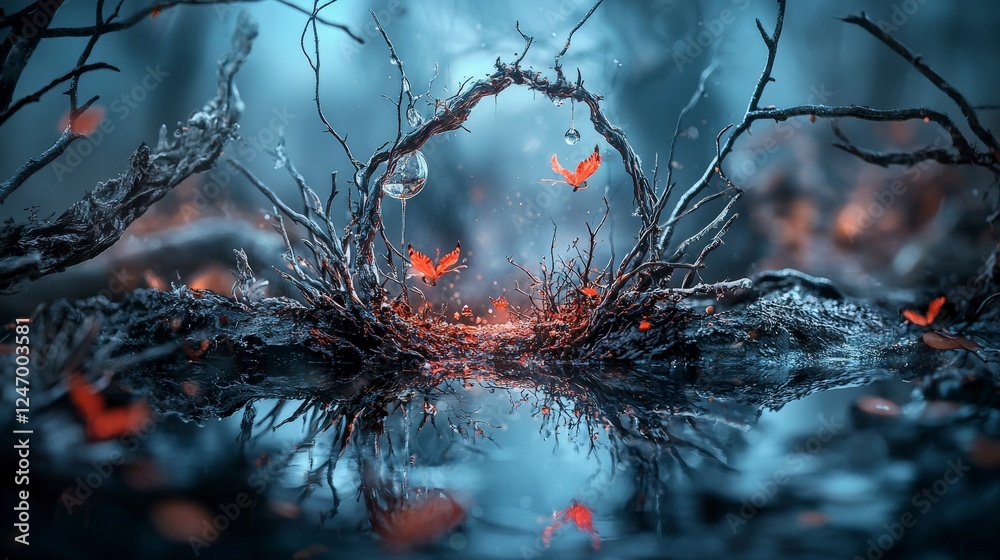 Poster mystical reflection portal enchanted forest fantasy art dreamlike atmosphere close-up a world within