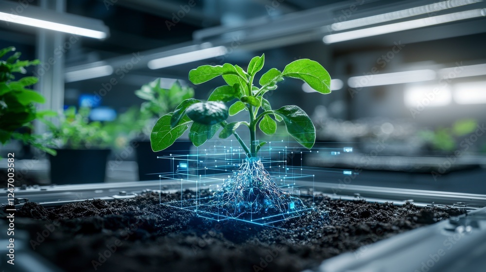 Poster ai-assisted plant growth in high-tech environment indoor laboratory science futuristic setting close