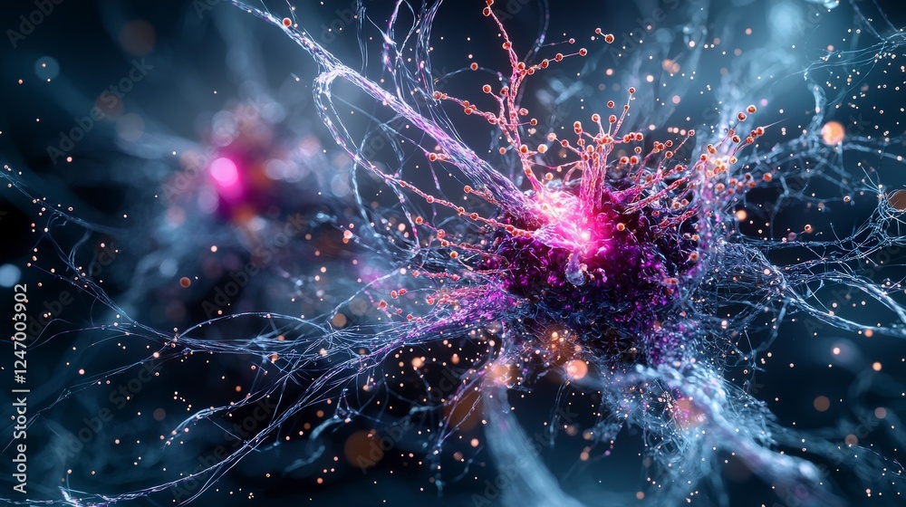 Poster Dynamic communication of tiny bioparticles in a microscopic environment science visualization abstract concept