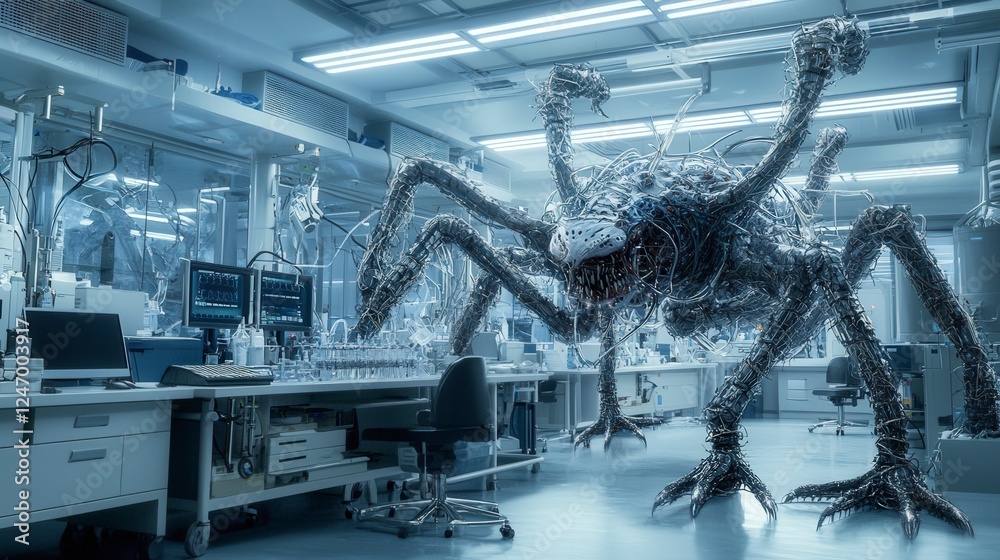 Poster futuristic lab experimenting with biotech innovations high-tech facility digital art sci-fi environm