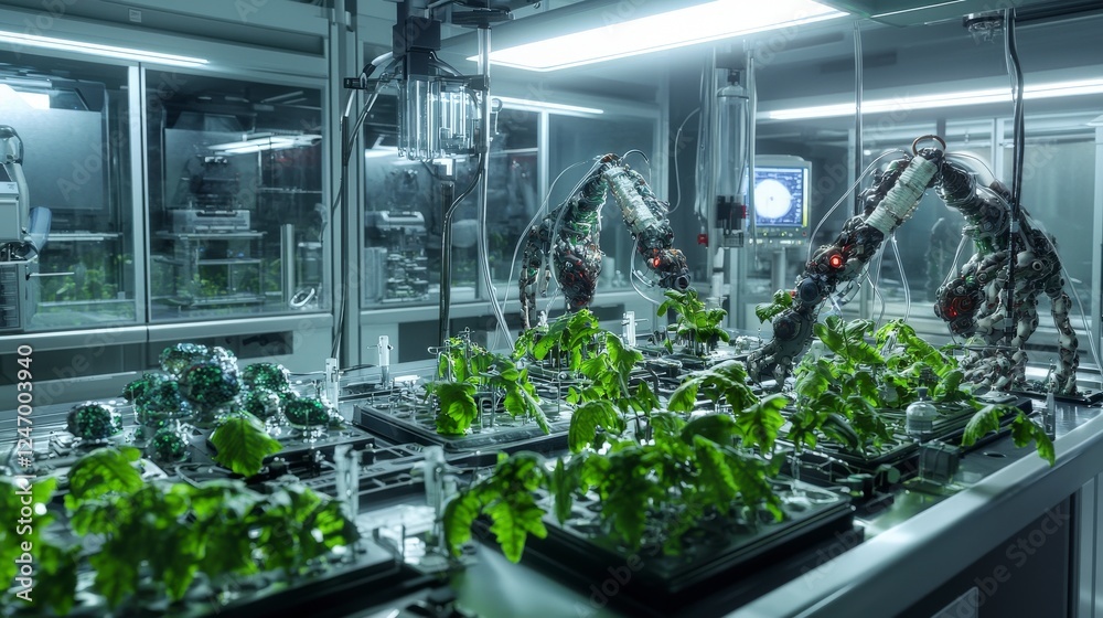 Aufkleber urban biotechnology lab cultivates advanced crops using robotics in a high-tech aerial research envi