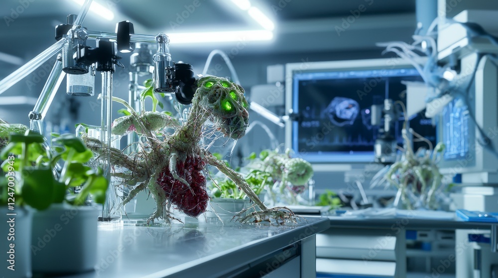 Poster Biotechnology breakthrough innovative lab experiments with genetically modified organisms in a futuristic high-tech setting