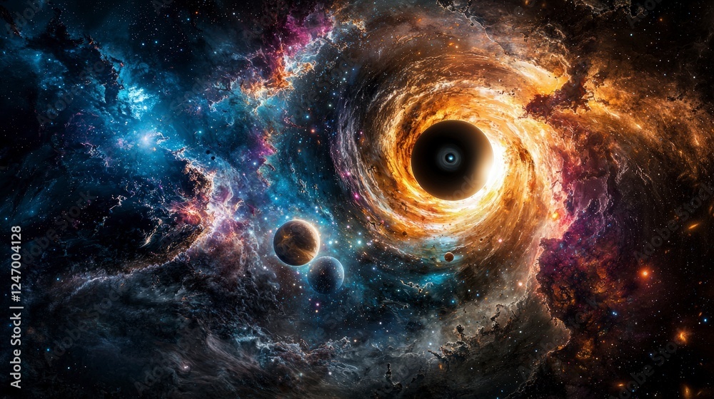 Poster swirling black hole as a gateway to cosmic wonders outer space digital art galactic environment wide