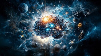 Fototapeta premium Exploring the universe within brain imagery cosmic elements digital art abstract close-up creative visualization