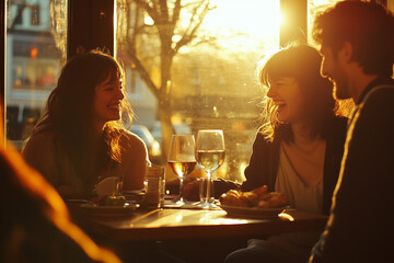 A cozy evening at a cafe, with a glass of wine resting on the table next to a plate of appetizers.