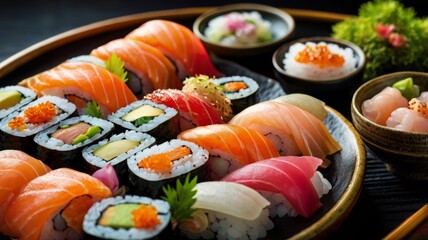 sushi and rolls in a large set on a white plate 