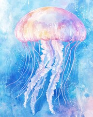 Fototapeta premium Jellyfish Floating Gracefully in the Ocean Watercolor Painting