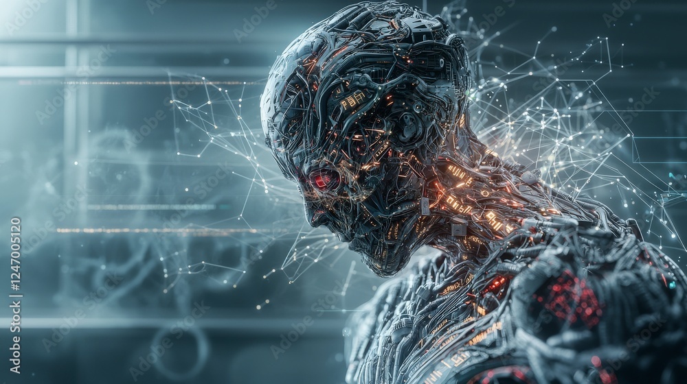 Poster cybernetic tissue exploring a biomechanical organism with human features in a futuristic sci-fi sett