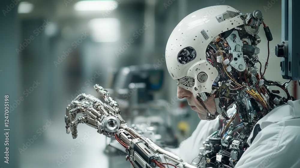 Poster cyborg humans with advanced robotic limbs in a futuristic lab technology showcase industrial environ