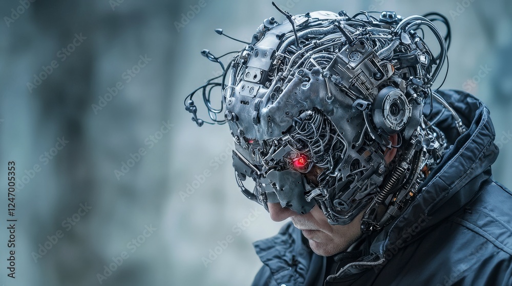 Poster futuristic cyborg transformation in urban labs close-up of human-machine integration in a dystopian 