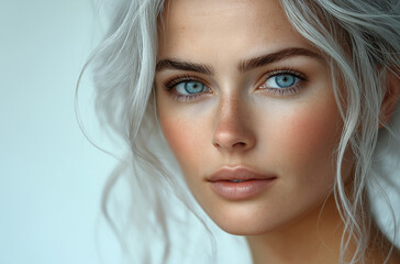 Naklejka premium A beautiful, attractive, and graceful mature woman around 50 years old with white hair gently touches her face in front of a light grey background. This elegant image is perfect for a beauty 