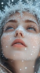 A woman's face covered in snowflakes.
