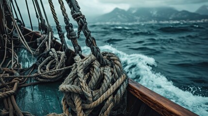 Fototapeta premium An old sailing ship is seen sailing beside rocks, its ropes tied to a belaying pin