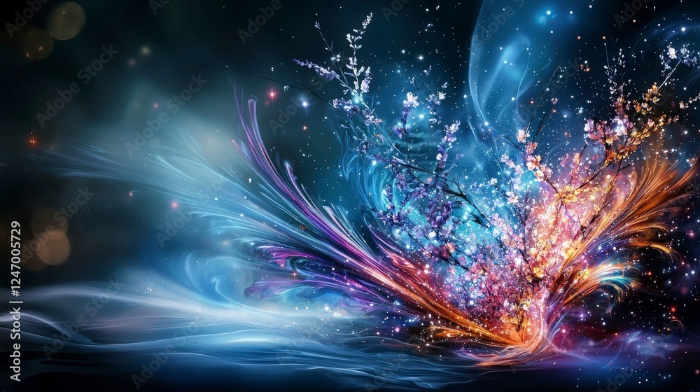 Poster dancing comets twirl in cosmic space digital art colorful atmosphere imaginative viewpoint stellar r