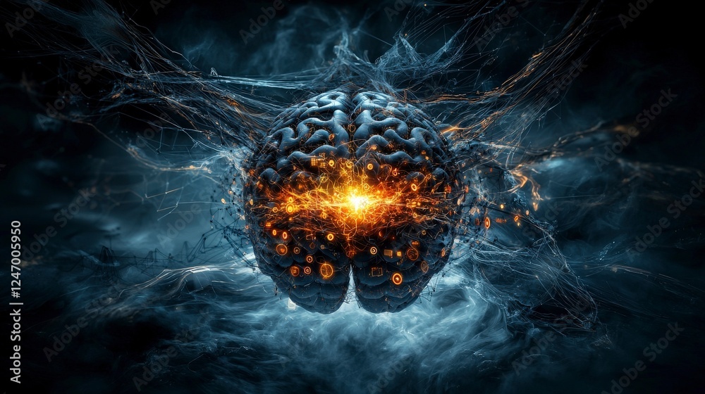 Poster Digital consciousness human brain connected to a network futuristic setting visual art surreal environment macro viewpoint
