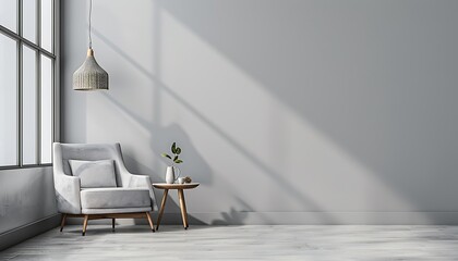 Gray living room with minimalist armchair, side table, hanging lamp, and empty wall background for design.