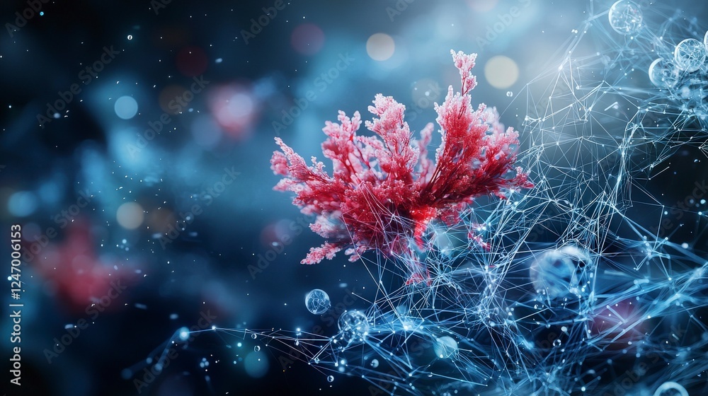 Poster digital network ecosystems coral growth amidst molecular connections in a futuristic ocean environme