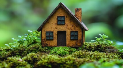 Rustic model house, moss, forest, eco-friendly home concept