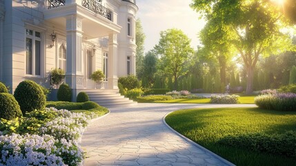 Obraz premium Luxury New Home Exterior with Lush Green Backyard, Stone Walkway Leading to Ornate Porch and Grand Entrance