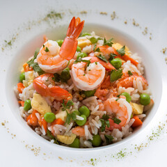 A bowl of shrimp and rice with peas and carrots. The shrimp are being sprinkled with parsley