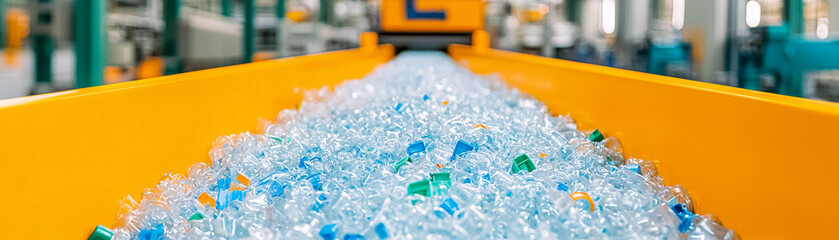 Brightly colored plastic pellets move along a conveyor belt in a recycling facility in the afternoon light