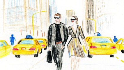 Fototapeta premium A trendy young man and woman walk confidently down a busy Manhattan street, surrounded by yellow taxis and towering skyscrapers. Their stylish outfits reflect modern urban fashion trends