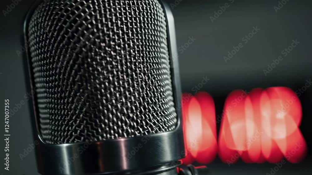 Poster professional podcast microphone capturing audio with blurred red neon on air sign glowing softly in 