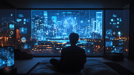 futuristic smart home interior with holographic screens and digital interface overlooking a glowing cityscape at night high tech modern living space advanced technology blue neon lights