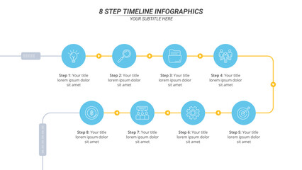 8 Steps Infographic Timeline with Editable Text on a 16:9 Layout for Business Presentation, Poster, Banner and Booklet.