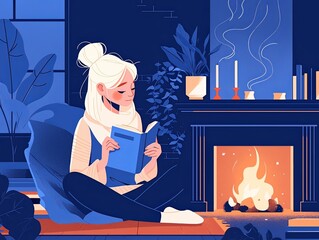 an attractive woman with white hair reading a book on the floor in front of a cozy fireplace.