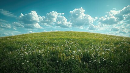 Obraz premium A serene landscape featuring a grassy hill adorned with wildflowers under a blue sky.