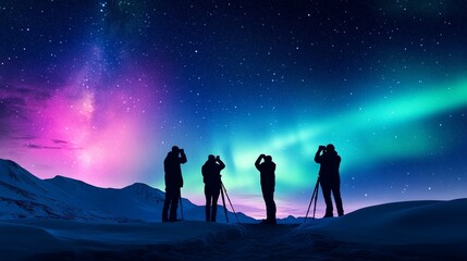 Fototapeta premium Vibrant Night Sky with Aurora Borealis and Photographers - Beautiful night scene featuring silhouette photographers capturing the stunning aurora borealis in a serene landscape.
