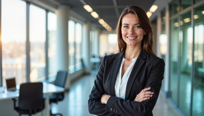 A self-assured businesswoman in a professional setting with arms crossed, symbolizing confidence, success, and empowerment.