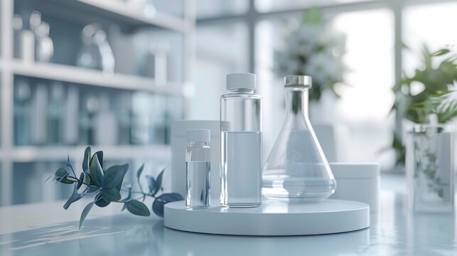 Cosmetic podium display featuring glass flask and cylinder equipment in a modern medical science lab background. 3D rendered, professional and clean