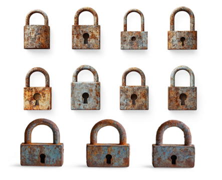 Three Rusty Padlocks on a Transparent Background
