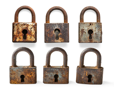 Three Rusty Padlocks on a Transparent Background