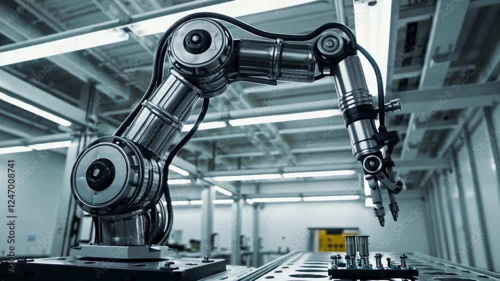 Aufkleber Modern robotic arm executing precise movements in a technologically advanced factory environment, showcasing automation and industrial innovation in slow motion