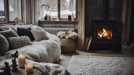 A cozy fireplace nook in a home, with fluffy throws, candles, and wooden accents
