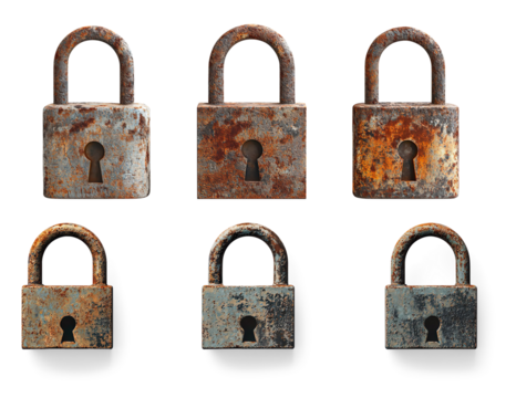 Three Rusty Padlocks on a Transparent Background