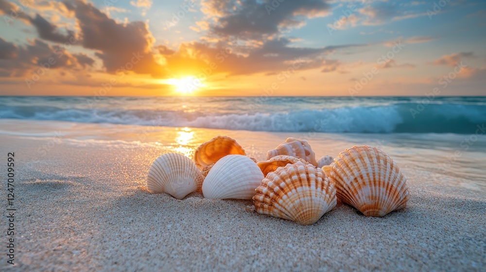 Canvas Prints Seashells Beach Sunset Ocean Waves Calm