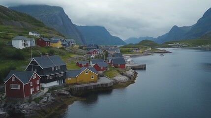 Fototapeta premium A charming fishing village with colorful wooden houses lining the harbor