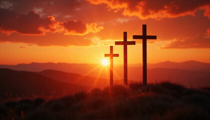 Dramatic sunset with three crosses on a hill, symbolic reflection, crucifixion