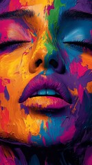 Face of a woman with closed eyes and colorful paint splattered all over her face.