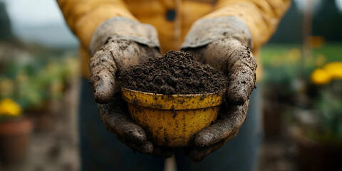 Obraz premium farmer weathered hands holding bowl of rich soil, symbolizing growth